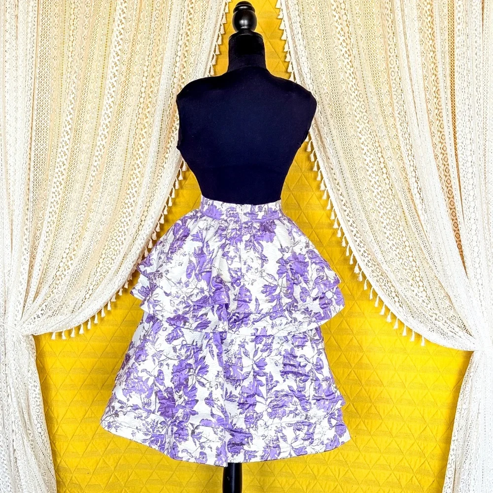 Buru Teagan Lavender Ruffle Tiered Brocade Midi Statement Dopamine Skirt Size S - Picture 3 of 15